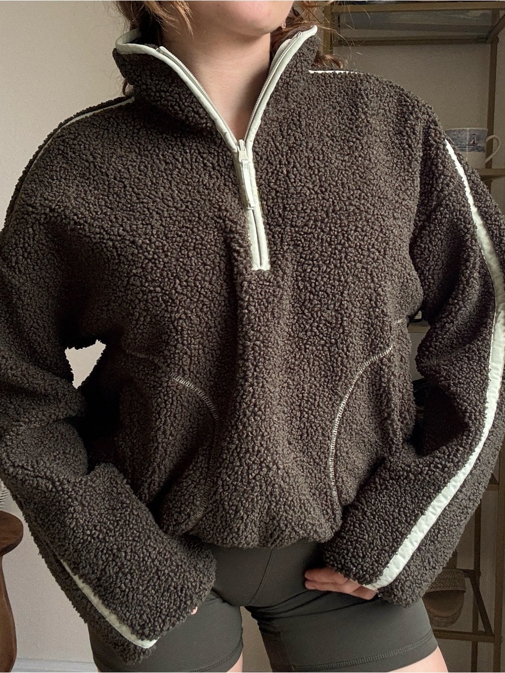 Old Navy Olive  Teddy Sherpa Half-Zip Jacket with Cream Trim